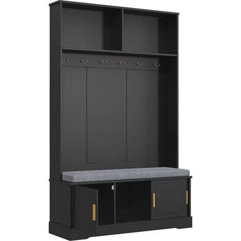 ELVMI Mobile da ingresso con 6 Ganci, Panca portascarpe e Ripiani aperti per Ingresso in Truciolare 120 × 40 × 191 cm Nero (1/4)