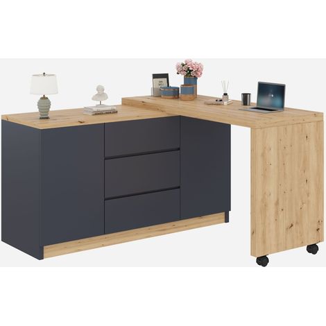 Bureau d'angle Gris et chêne en MDF, Avec Étagères Réglables, 3 Tiroirs et 2 Portes, 120 x 50 x 76,5cm - pour bureau, salon (1/5)