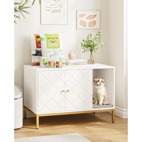 1 Armoire pour chats, double porte, motif croisé, blanc, pieds dorés, coussin inclus, 80x50x55 cm