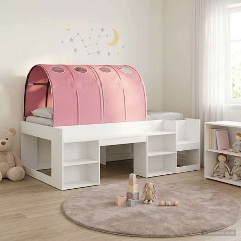 Lit haut enfant avec rangement, cadre à lattes en bois, blanc et rose, 3 pièces - PANGIVO (1/5)