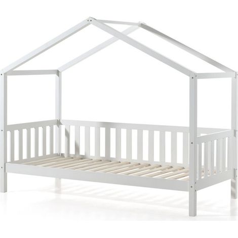 Lit Enfant Cabane & Barrière "Dallas II" 90x200cm Blanc (1/3)