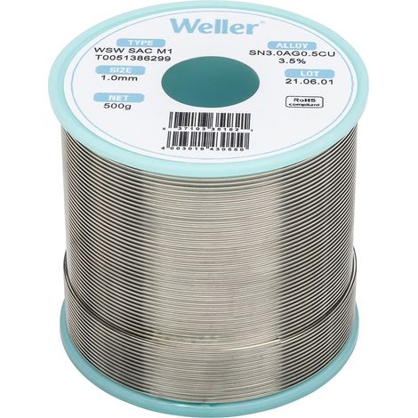 Weller WSW SAC M1 (T0051386299) Filo Saldante, Ø 1.0mm, 500g, Lega Sn96.5Ag3.0Cu0.5, Contenuto di Fondente 3,5% (1/4)