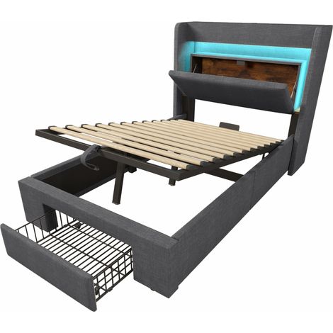 Cama canapé 90 x 200 cm de lino gris con cabecero de almacenaje, LED, USB y USB-C, colchón incluido (1/5)