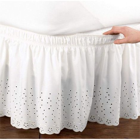 Blanc,Jupe de Lit à Volants, Cache Sommiers en Coton, Cache Sommier pour Lit Queen Size 150 x 200 cm, Jupe de Lit Robuste et Élastique Style Enveloppant Facile a Mettre et à enlever, Chute de 37 (1/5)
