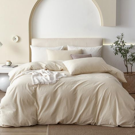 Parure de lit 3 pièces 100% Coton lavé, 1 Housse de Couette 277 x 228 cm (Couette Non Incluse) et 2 taies d'oreiller, Sensation de Lin, Confortable et Respirante, Beige (1/5)
