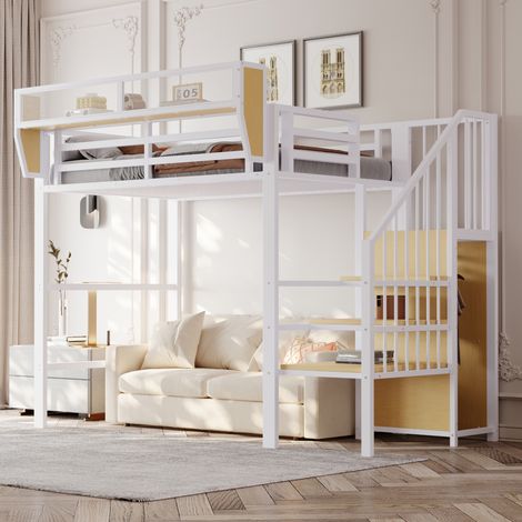 Letto a soppalco 90x200 con scala di sicurezza, vano flessibile, metallo/MDF, nero/bianco HAVRYA (1/5)