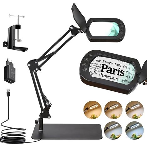 10x Magnifying Lamp on Stand, 2-in-1 LED Illuminating Magnifier with Protective Cover, Desk Lamp with 5 Colour Modes for Reading, Repair, Crafts, Precision Work (1/5)