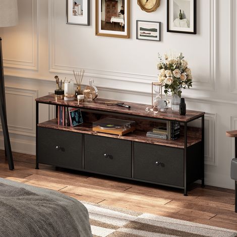 SYEKLAOO Meuble TV, avec LED, 3 tiroirs en tissu, compartiments ouverts, bois, meuble TV, 108 cm de long, pour salon chambre à coucher,Noir -108×29.8×57cm (1/5)