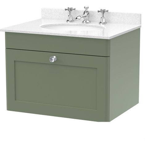 Swynnerton Traditional 1 Drawer Wall Hung Vanity Unit with Marble Basin, Satin Green, 600mm (1/4)