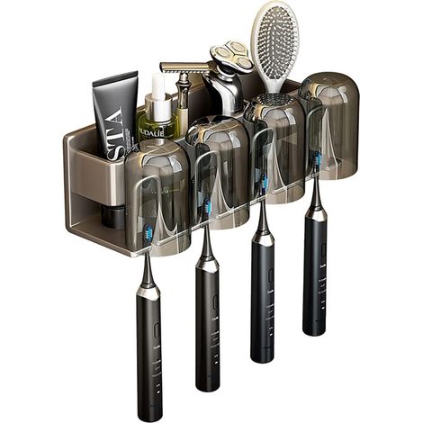 Porte-brosses à dents à 4 compartiments avec gobelets pour bain de bouche, mural, gris, pour brosses à dents électriques (1/5)