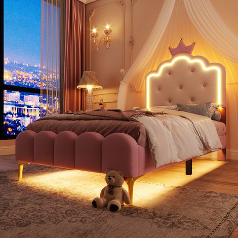 Lit rembourré, 90 x 200 cm, avec sommier à lattes (sans matelas), éclairage d’ambiance avec télécommande, forme de princesse couronnée, matériau PU, rose