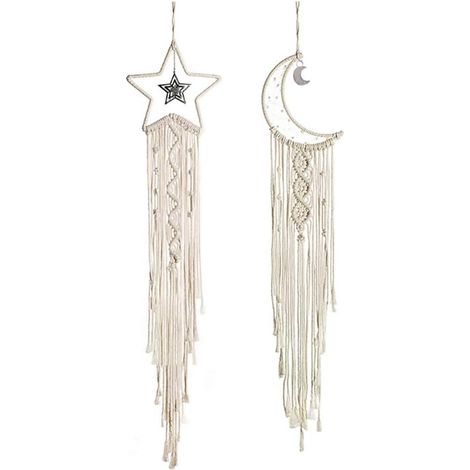 Lntyq 2 pcs Macramé Tenture Murale étoile Lune Dream Catcher Tapisserie Bohème Décor à La Maison Tissé à La Main Décoration pour Chambre Maison De Mariage Ornement Artisanat Cadeau (Beige) (1/3)