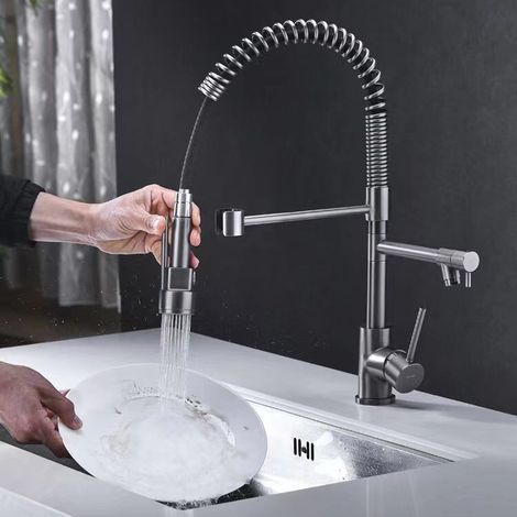 Robinet Cuisine avec 2 Jets Robinetterie à Ressort Cuisine Extensible Pivotant à 360 Robinets d'évier de Cuisine Gris (1/5)