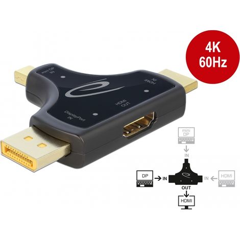 Delock Adaptador de monitor 3 en 1 con entrada HDMI / DisplayPort / mini DisplayPort a salida HDMI con 4K 60 Hz