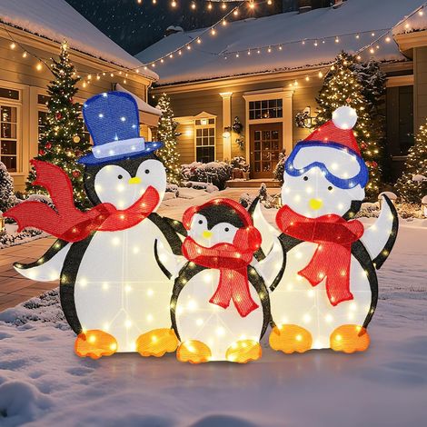COSTWAY Decorazione Natalizia Famiglia Pinguino Illuminata, Set 3 Pezzi di Pinguini Pre-Illuminati con 160 Luci LED, Decorazione per Interni ed Esterni per Casa, Prato, Cortile e Giardino (1/5)