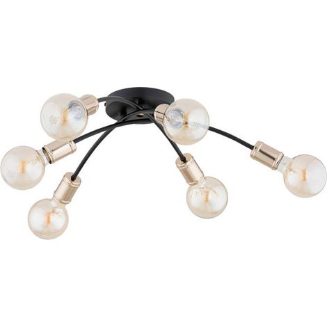 Alfa LENSI Industrial 6-Light Ceiling Lamp, Matte Black/Antique Gold Metal Loft Fixture, 6xE27 Max 15W, Dimmable with Bulbs, 55x55x15 cm, Modern Minimalist for Living Room & Dining Area