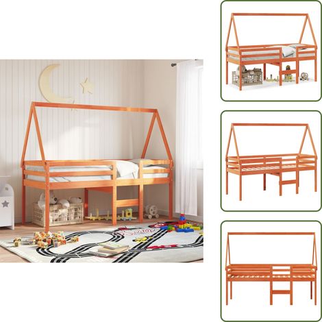 The Living Store Letto a Soppalco con Tetto Marrone Cera 90x200 cm Legno di Pino - Letto con tetto