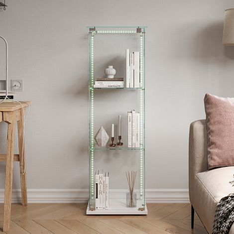 JOOKGBD-Glasvitrine,1 Tür vitrinenschrank 3 Regalen,mit Schloss und LED,Sammlerstücke Glasvitrine,Bücherregal aus Glas,Vertikale Glasvitrine,für Wohnzimmer Schlafzimmer Büro,Lampenkugel-Stil,Weiß