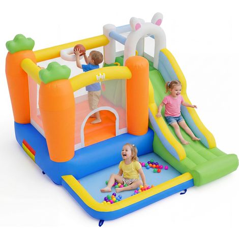 COSTWAY Castello Gonfiabile per Bambini, Casa Gonfiabile per Interno ed Esterno con Trampolino, Scivolo, Piscina con 50 Palline, Parete da Arrampicata e Canestro, per 3-12 Anni (Senza Soffiatore) (1/5)
