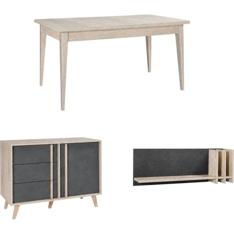 Salle à manger complète MALMO avec table extensible, buffet haut et étagère murale – Chêne clair et gris (1/5)