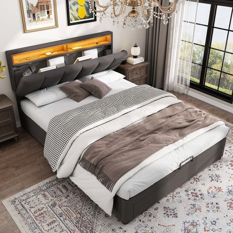 Letto matrimoniale 140x190 contenitore LED grigio OKMYHOME