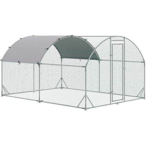 Poulailler/enclos en acier, 280 x 380 x 197 cm, cage à poules avec revêtement anti-UV, porte, pour 6 à 12 poules, petits animaux, argent