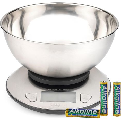 Balance De Cuisine Avec Bol – Mesure Multiple, Mesure Du Liquide, Capacité Maximale De 5kg/11lb, Bol En Acier 2L, Écran LCD, Acier Inoxydable, Parfait Pour La Cuisson, La Préparation Des Repas. (1/5)