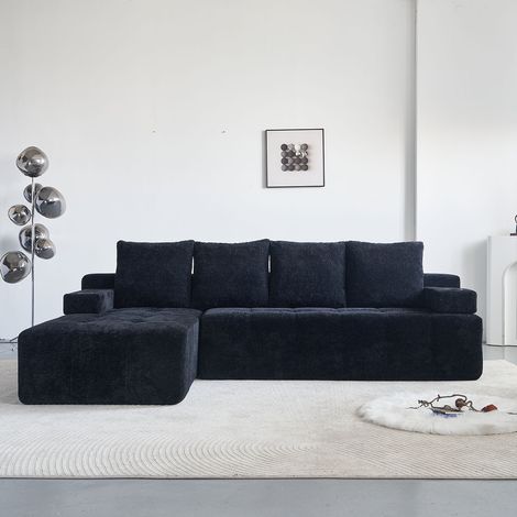 Canapé d'angle en L 4 places tissu chenille doux - Méridienne réversible, porte-gobelets et poches de rangement - Canapé modulable design moderne pour salon appartement - Noir (1/5)
