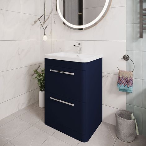 Hudson Reed Solar Matt Indigo Blue 600mm Floor Standing 2 Drawer Vanity Unit and Polymarble Basin - SOL301 (1/5)