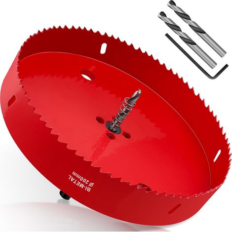 Scie Cloche 200mm, HSS M42 Bi-Métal Scies-cloches Bois, Scie à Trous Avec Adaptateur et Foret de Centrage idéale pour Bois, Plaque de Plâtre, Cloison Sèche, Plastique, 1 pièce Rouge