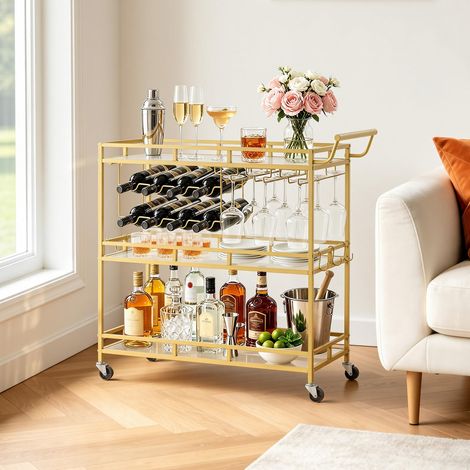 Desserte Bar, Chariot de Service à 3 Niveaux, pour Rangement Vins Ustensiles Cuisine Salon, Bar Roulant avec Plateau en Verre Trempé, Range-Bouteilles et Porte-Verres, Chariot à Boissons Doré (1/5)