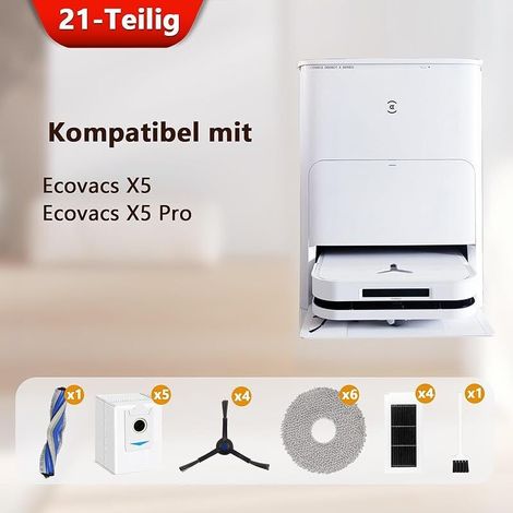 iRobacc 21-teiliges Ersatzteilset, kompatibel mit ECOVACS DEEBOT X5 Pro, X5 Omni Staubsaugern: 1 Hauptbürste, 4 Seitenbürsten, 5 Staubbeutel, 4 HEPA-Filter, 6 Reinigungspads (1/5)