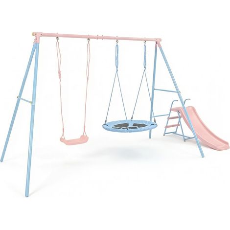 Aire de jeux extérieure avec 2 balançoires et toboggan pour enfants dès 3 ans, structure en métal robuste bleu et rose pour jardin privé – CHICFURN (1/5)