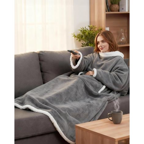 Doppellagige Decke 170x120 cm, Flanell mit Ärmeln und Taschen, grau