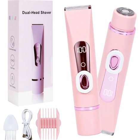 2 in 1 Women's Electric Shaver, Intimate Trimmer, Waterproof Electric Shavers for Women, Facial Epilator, Wet and Dry Use for Jersey, Face, Armpits, Legs, Arms, Body (Pink) (1/5)