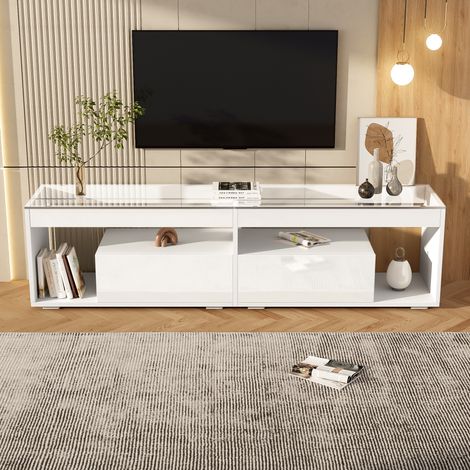 Meuble TV laqué brillant, console pour téléviseurs jusqu'à 70 pouces, noir, avec 2 tiroirs, support mural, meuble de salon et chambre, blanc (1/5)