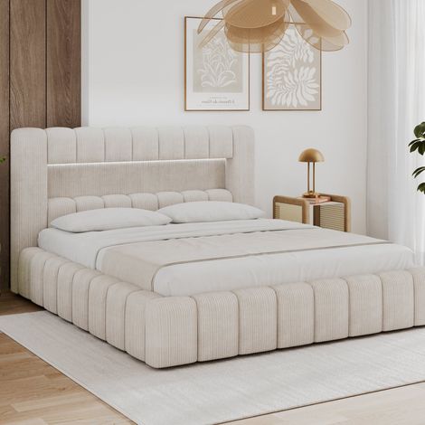 Letto contenitore 140x200 con rete e luci LED incluse Auria, velluto a coste color crema (1/5)