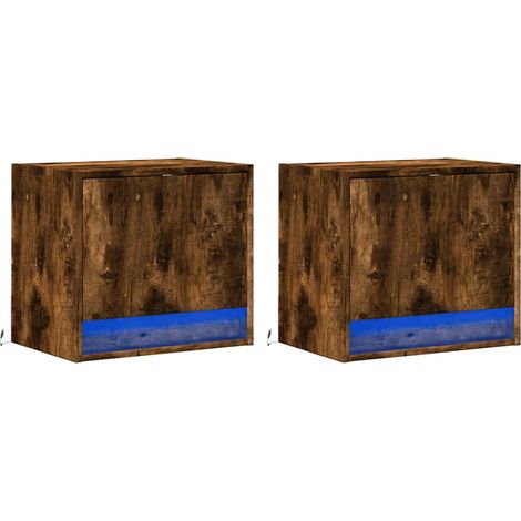 Juego de 2 mesitas de noche de pared con luces LED y compartimento con puerta, madera de ingeniería marrón DEC036129