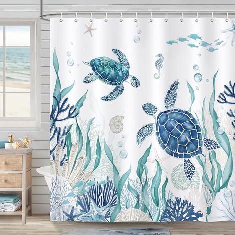 Rideau de Douche Tortue Marine, Rideau de Baignoire Océan Plage Coquillage Corail Côtier Bleu 180 x 180 cm Polyester Imperméable Résistant à la Moisissure 12 Crochets (1/5)