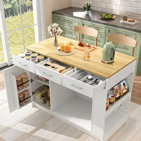 Îlot de cuisine blanc en MDF avec 3 tiroirs et rangement (1/5)