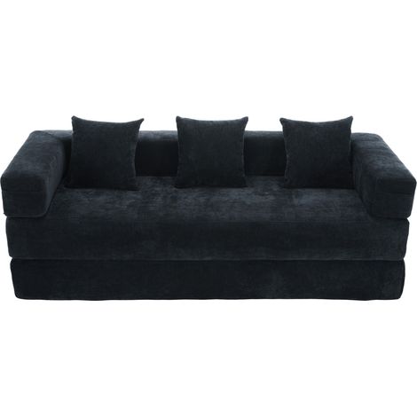 Divano letto, divano da 3 posti con tasche laterali e base antiscivolo, 3 cuscini, in tessuto felpa (chenille), nero (1/5)