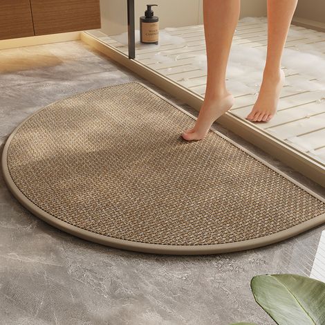 BBPETOPE Tapis de bain demi‑circulaire couleur chamois tissé aspect lin, tapis absorbant antidérapant pour salle de bain, séchage rapide (1/2)