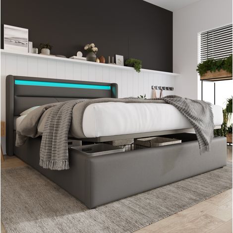 Lit coffre 160x200 cm gris en PU avec éclairage LED et rangement hydraulique (1/5)