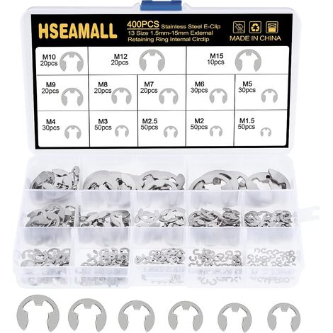 Kit assortimento di anelli elastici esterni con clip elastica in acciaio inossidabile da 400 pezzi, 13 misure, 1,5/2/2,5/3/4/5/6/7/8/9/10/12/15 mm, con scatola di plastica (1/5)