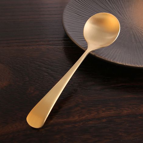 Cuillère à soupe ménagère en cuivre pur (cuillère à tête ronde en laiton brossé) (1/5)