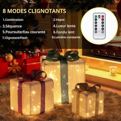 Ensemble de 3 boîtes cadeaux de Noël, 50 boîtes cadeaux lumineuses LED avec minuterie et télécommande, 8 décorations lumineuses Modos pour sapin de Noël, en velours long (1/4)
