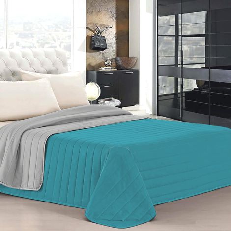 Trapuntino Matrimoniale Bicolore Double Face 250x250 cm Made in Italy in Microfibra con Imbottitura Anallergica – Copriletto Trapuntato Reversibile per Primavera, Estate e Mezza Stagione Turchese-Gri