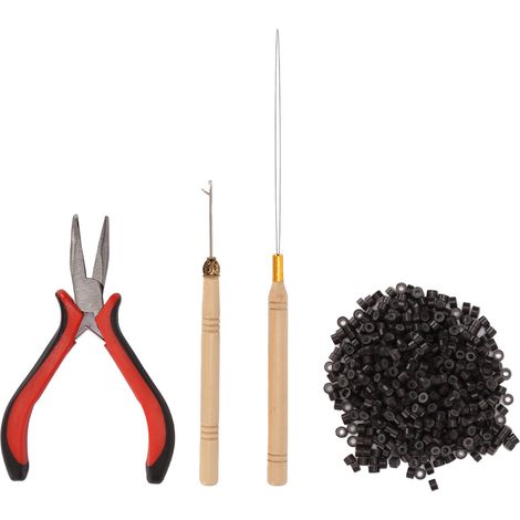 Kit professionnel 4 pièces pour extensions capillaires : pinces à coiffer avec 4,5 mm bagues silicone, boucle de tirage, 500 anneaux élastiques (1/5)