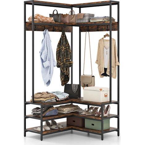 COSTWAY Corner Garment Rack L-shaped Clothes Rack w/ Open Shelves