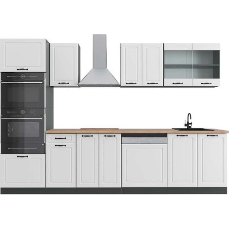 Mueble de cocina R-Line, Casa de campo blanca/antracita, 300 cm con armario alto, ET Roble, Vicco